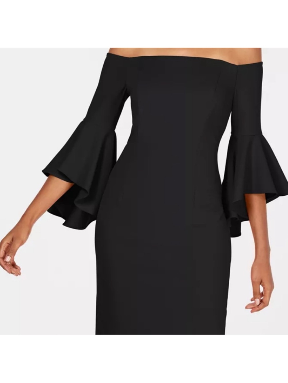 Calvin Klein Black Off-Shoulder Midi Dress with Ruffled Bell Sleeves